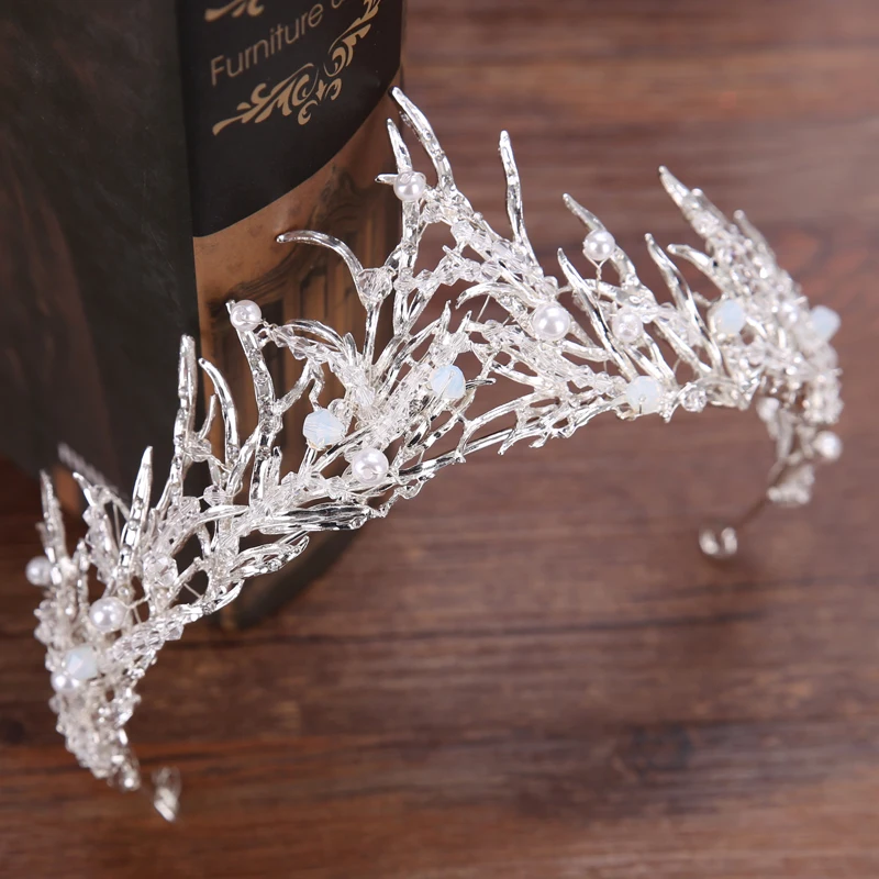 Trendy Wedding Crown Silver Color Pearl Rhinestone Crystal Bridal Tiara Hair Accessories Queen Diadem Jewelry | Украшения и