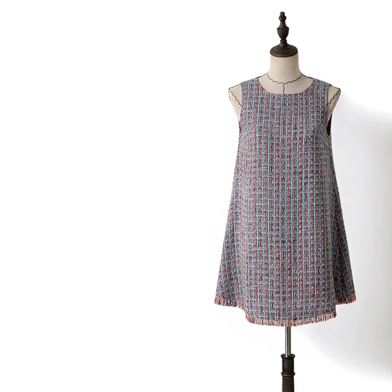 

2019 summer women multi-color plaid tweed dress sleeveless loose tassel weave mini dress y361