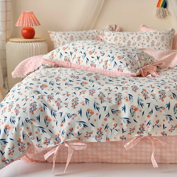 

Bowknot Spring Bedding Cotton Set Twin King Size Ribbon Bed Linen Style Set Summer Bedclothes Bed Set Set Bed American Girl Pink