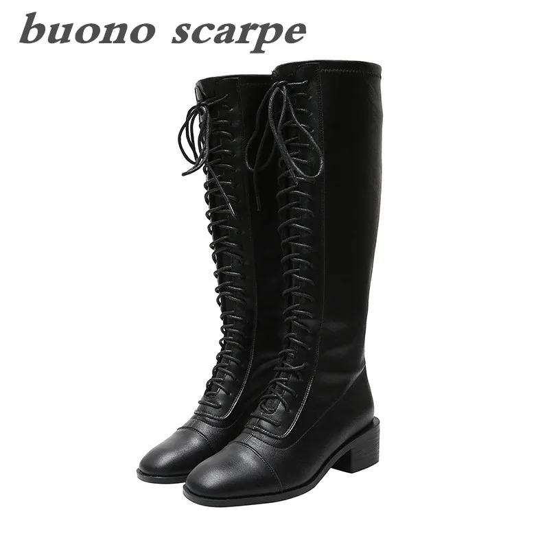 

2019 winter new leather boots but knee elastic boots British style thick with Martin back zipper knight boots