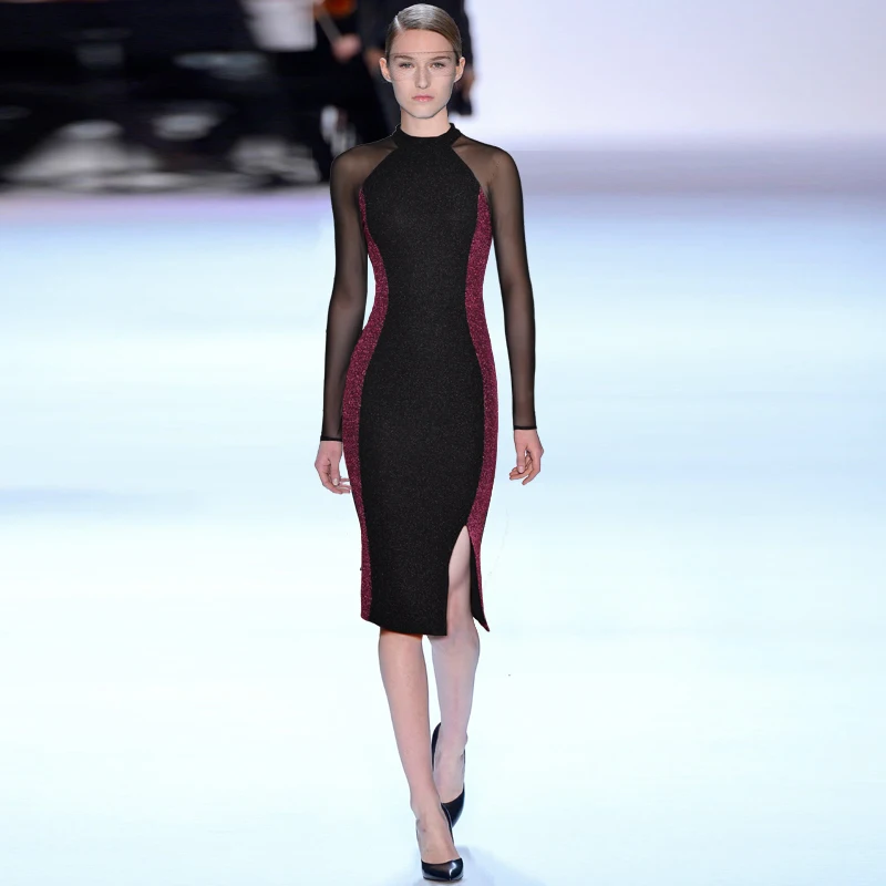 

Womens Party Vestidos Retro Vintage Sexy Elegant Slim Bodycon Tight Patchwork Black Long Sleeve Night Club Spring Autumn Dress