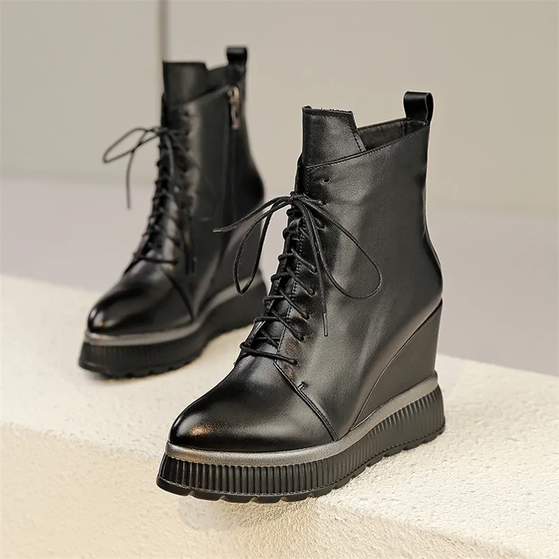 ANNYMOLI Winter Ankle Boots Women Natural Genuine Leather Platform Wedge Heel Short Boots Zipper Super High Heel Shoes Lady 4-10