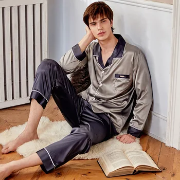 

Brand Spring Autumn Satin Silk Pajamas Set Men Cardigan Ice Silk Long-sleeved Pants Sleepwear Pijama Male Casal Home Loungewear