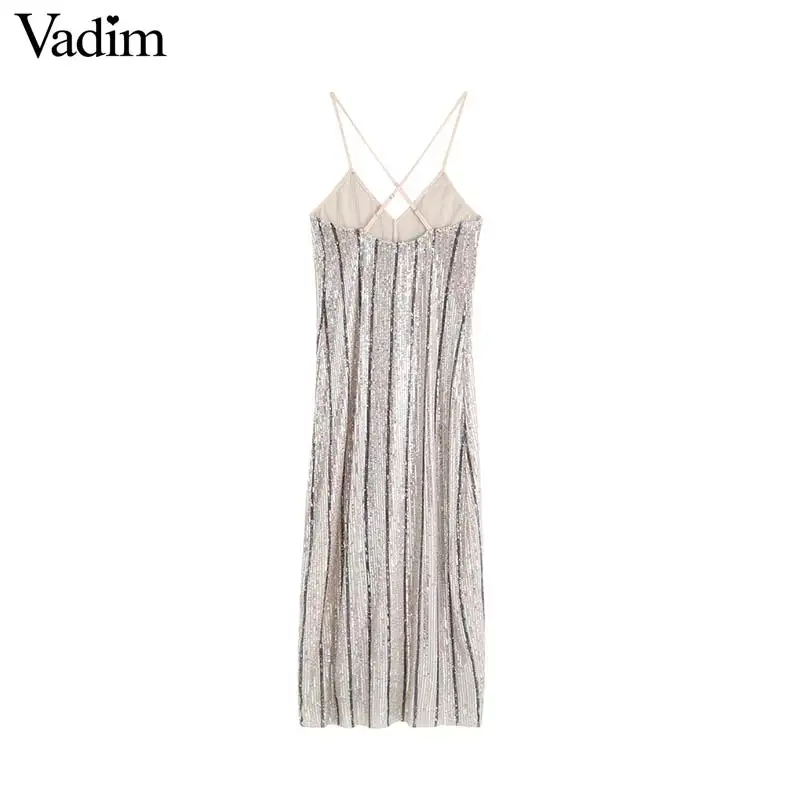 Vadim женское шикарное платье миди с блестками, с v-образным вырезом, регулируемое без рукавов, женские повседневные платья до середины икры, вечерние клубные платья, QC728