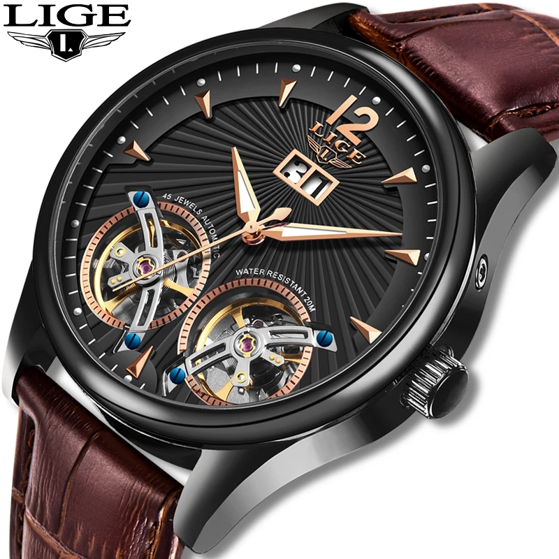 

2020 Business Watch Men LIGE New Casual Leather Double Tourbillon Mechanical Clock Mens Watches Automatic Clock Relojes Hombre