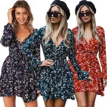 

2020 Boho Floral Summer Dress Women Chiffon Long Sleeve V Neck Short Mini Dress Casual Wedding Party Dresses american clothes