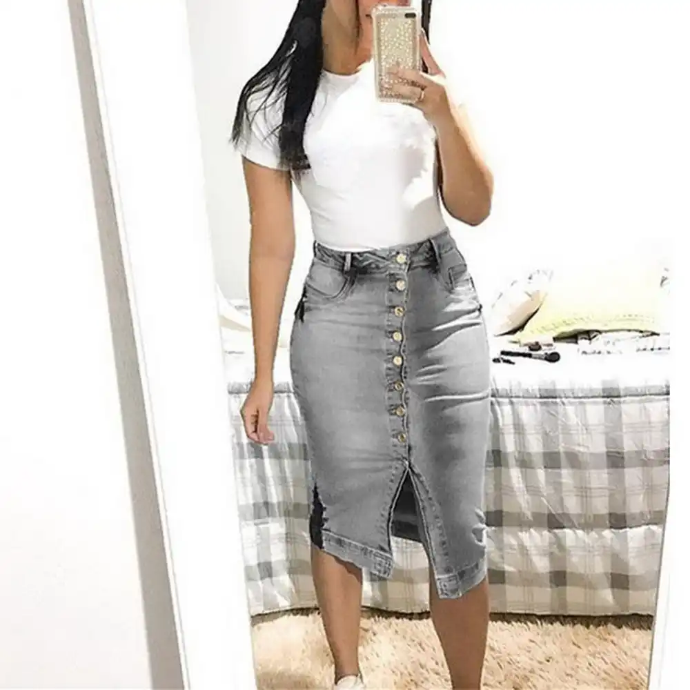 denim pencil skirt button front