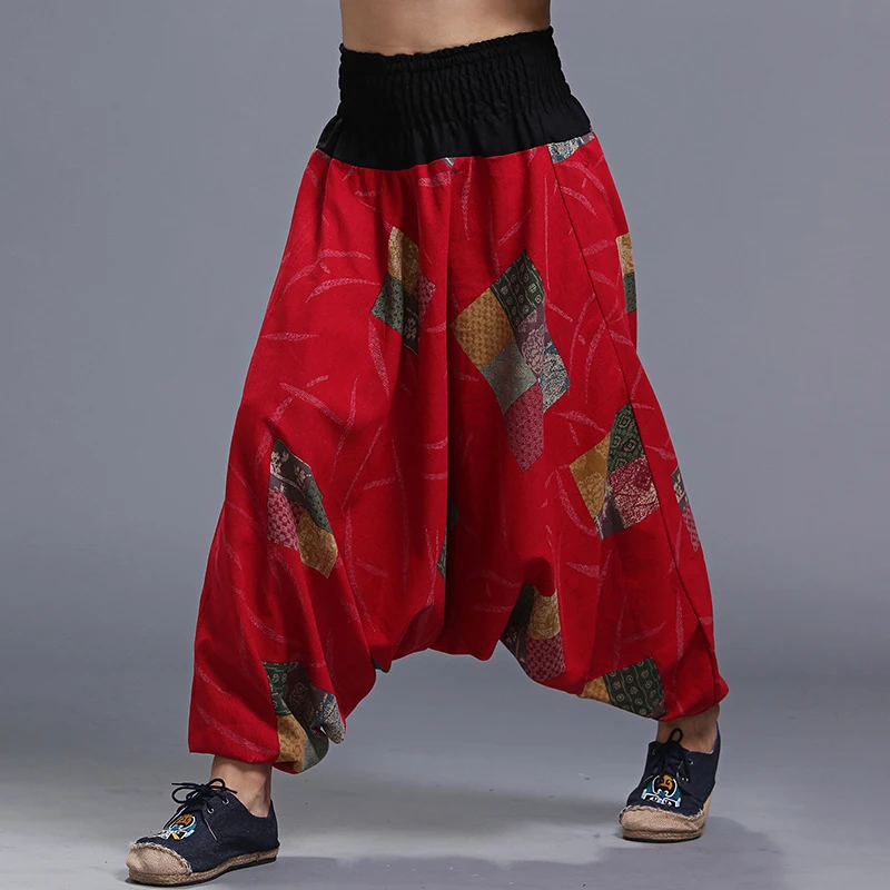 Men Harem Pants Casual Chinese Style Vintage Baggy Drop Crotch Elastic Waist Men Joggers Sweatpants Cotton Trousers Plus Size