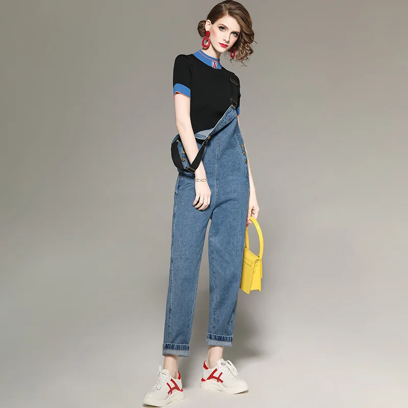 

Two Piece Set Tops and Pants Women Clothes 2020 Korean Elegant Knit Short Sleeve T-Shirt + Strap Jeans Pants 2 Piece Set ZT2088