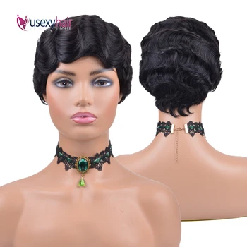 

USEXY Short Pixie Cut Wigs For Black Women Finger Wave Wig Brazilian Remy Natural Color Short Full Human Hair Wigs