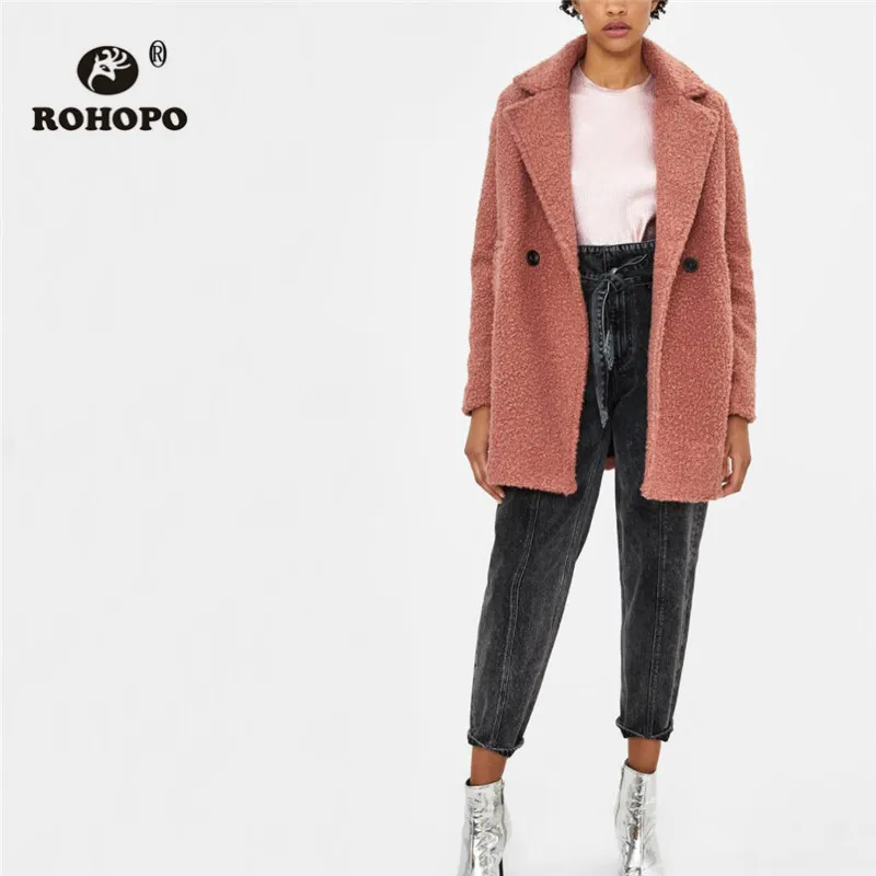 

ROHOPO Notched Collar Double Breast Buttons Red Blend Coat Side Welted Pockets Narrow Hem Back Split Winter Overcoar #9489