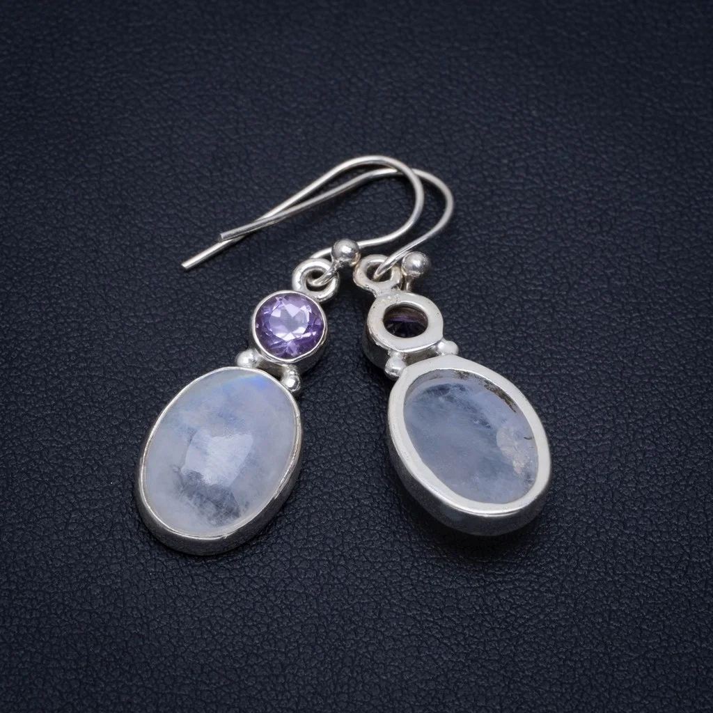 

Natural Rainbow Moonstone and Amethyst Handmade Unique 925 Sterling Silver Earrings 1.5" A2622
