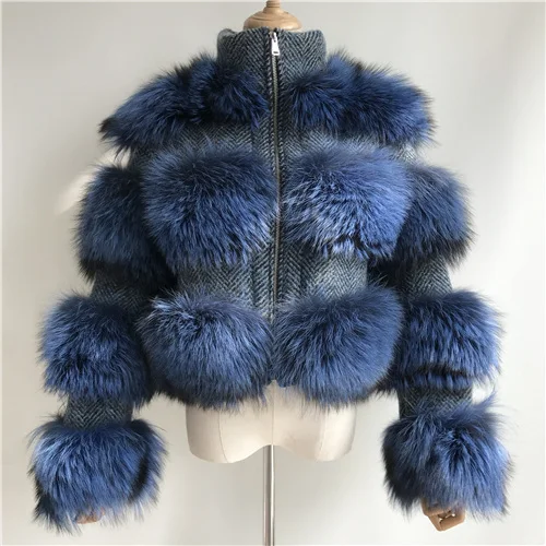 Куртка из меха енота, женская зимняя шуба из натурального меха, Высококачественная шуба из натурального меха енота - Цвет: Silver fox fur blue