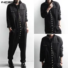 INCERUN, панк стиль, мужской комбинезон, Одноцветный, хип-хоп, на пуговицах, с длинным рукавом, уличная одежда, карго, Комбинезоны для мужчин, s, для подвижных игр размера плюс