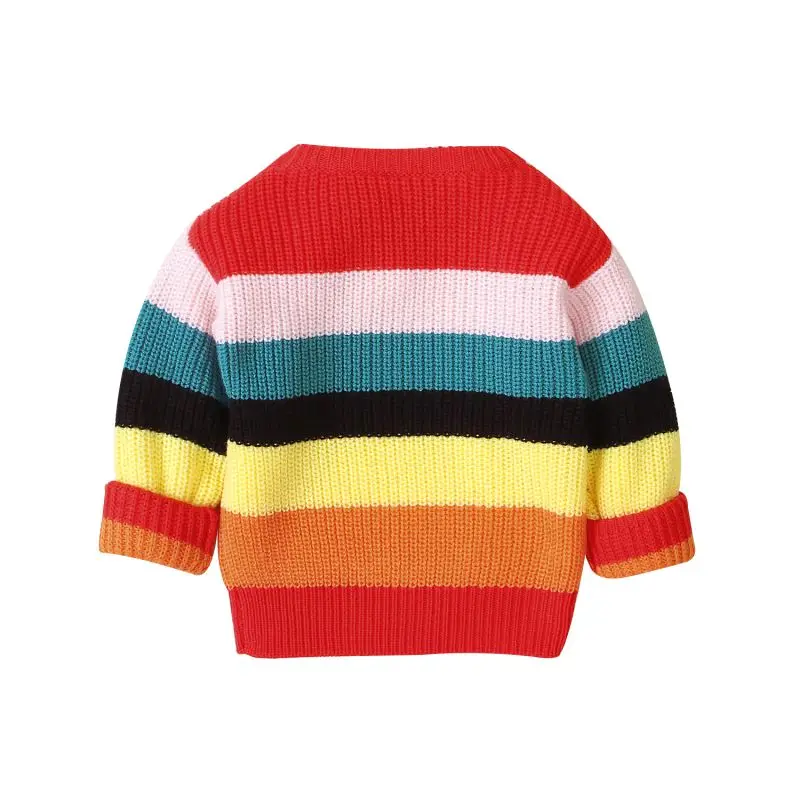 Новая осенне-зимняя теплая одежда для маленьких девочек, Повседневный свитер, хлопковая трикотажная верхняя одежда в радужную полоску для малышей
