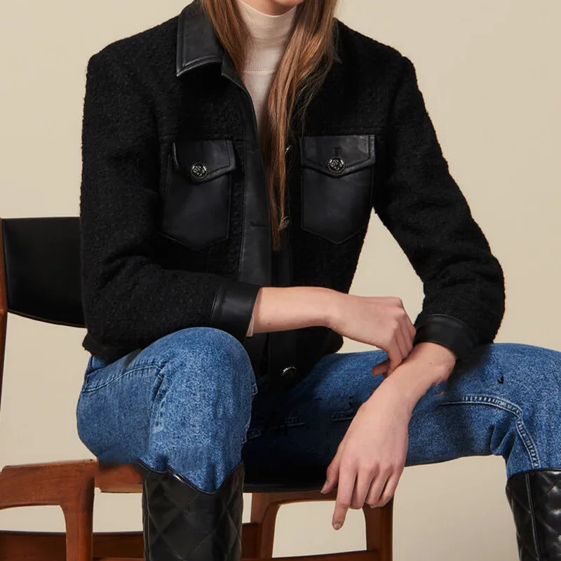 

Women Wool Coat and Jacket Leather and Tweed Patchwork Double Pockets Cool Slim Short Coats For Autumn Winter