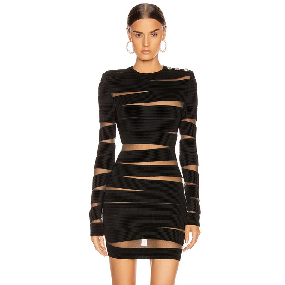 long sleeve black mesh dress