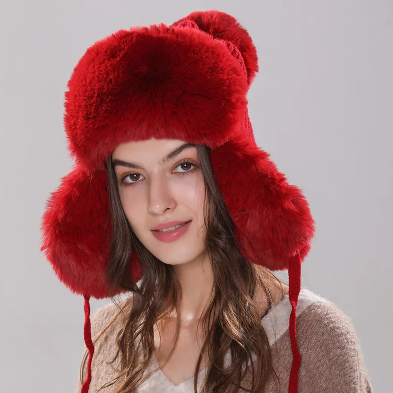 Толстые теплые шапки-бомберы из искусственного кроличьего меха с помпонами, шапки-бомберы для женщин, зимние вязаные шапки с ушками - Цвет: Wine Red