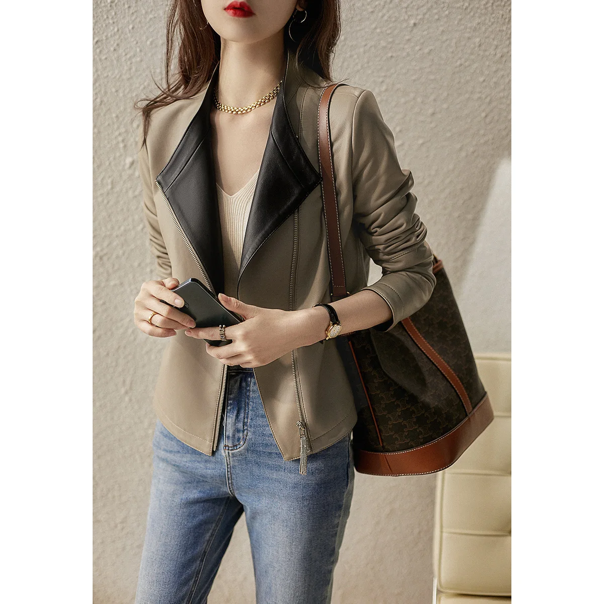 

patchwork Color Slim fit ladies genuine leather jackets Wholesale
