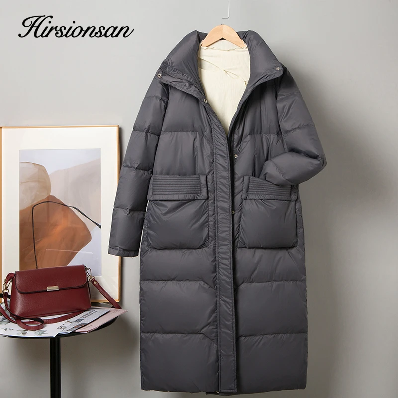 

Зимняя Толстая длинная легкая пуховая куртка Hirsionsan, женское Свободное пальто с длинным рукавом, повседневная одежда, 90% пуховые парки на белом утином пуху