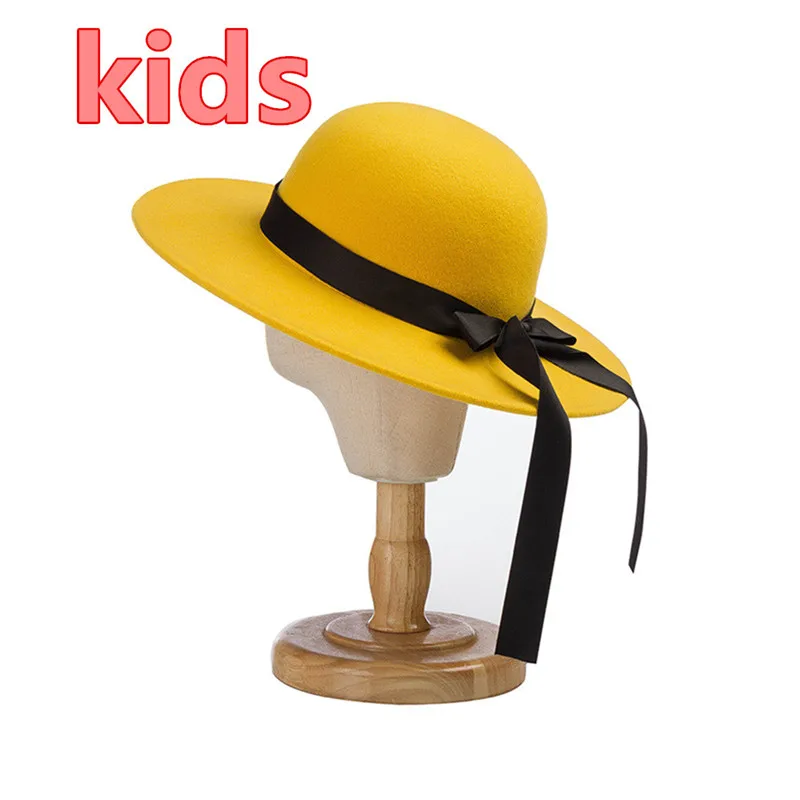 

202107-hh3006C NEW autumn winter yellow red wool bowknot 53cm head size holiday kids girl sun cap child style leisure hat