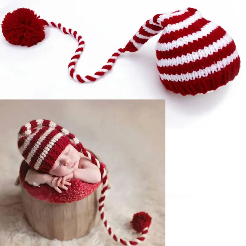Детская вязаная Рождественская шляпа для фотографирования новорожденных, реквизит в полоску, вязанные крючком детские шапки, реквизит для фотосъемки G99C