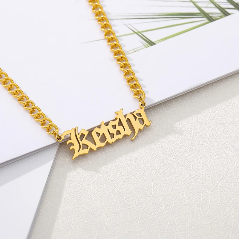 

Personalized Name Necklace Stainless Steel Curb Chain Custom Old English Font Pendant Handmade Men Jewelry For Women Bridesmaid