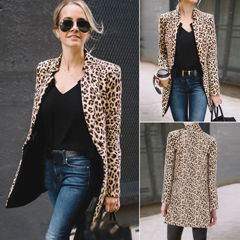 

2019 Spring Autumn Fashion Women's Leopard Jacket Sweater Top Warm Casual Suit Long Coat