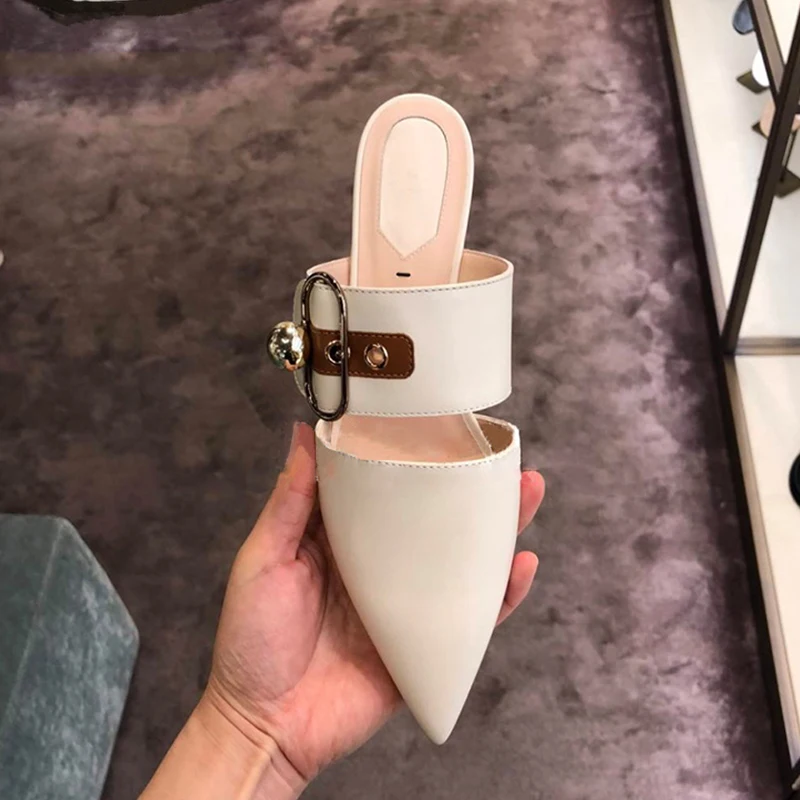 

White PU Leather Slip On Women Slippers Casual Outdoor Fashion Buckle Design Ladies Mules Flats Summer Sandals