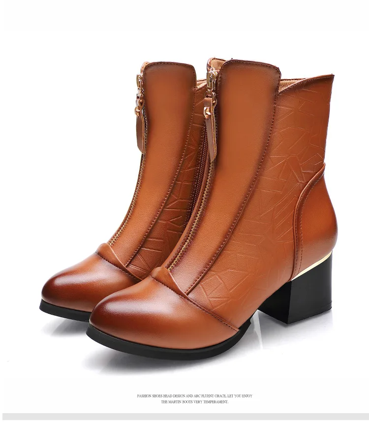 SWONCO Really Leather Boots Women Block Heel Winter Shoes Lady Sexy OL Black Ankle Snow Boots Front Zipper Fashion Shoes