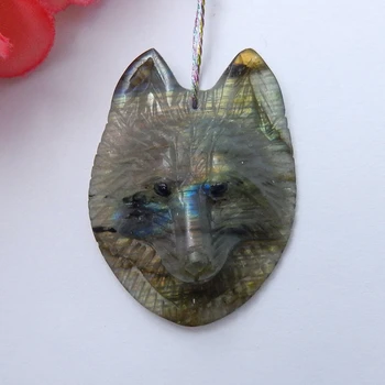 

Semiprecious stone Necklace jewelry,wholesale gemstone Hand Engraving Labradorite wolf Head Pendant Bead,36x27x9mm,10.2g