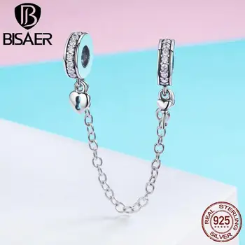

BISAER Real 925 Sterling Silver Heart Rudder Safety Chain Charm Beads fit Original Pan Bracelet Jewelry GXC606