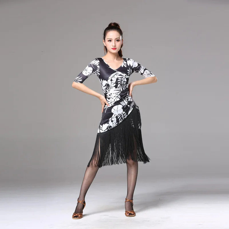 Dance dress Latin dance tassel dress professional training female adult summer ballroom tango salsa rumba sumba stage costume black/red S-4XL
