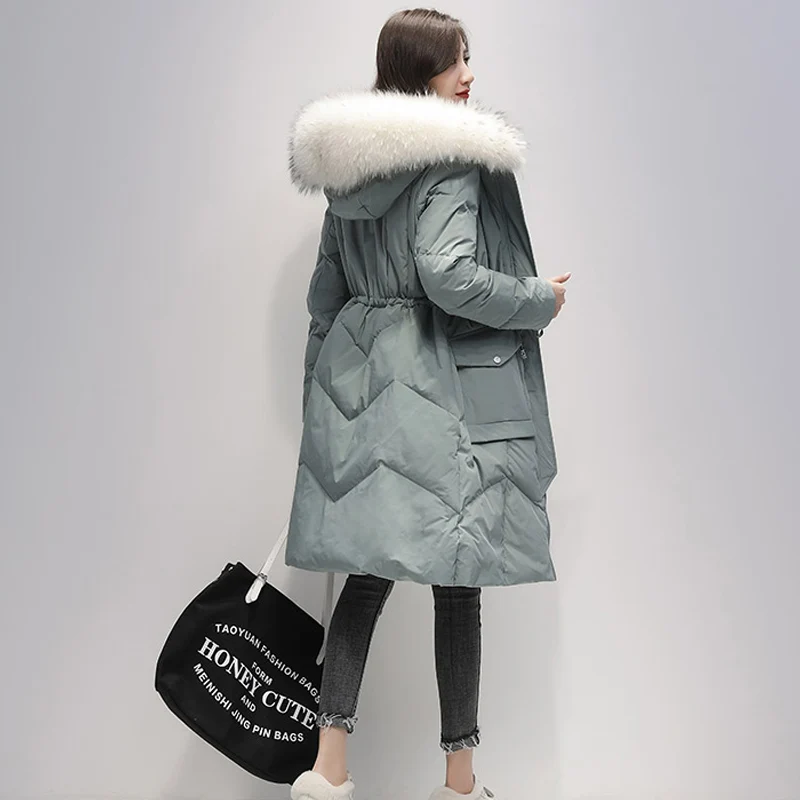 Fitaylor, зимняя длинная куртка-пуховик на утином пуху, Женская парка на белом утином пуху с капюшоном, толстое теплое большое пальто с воротником из искусственного меха енота