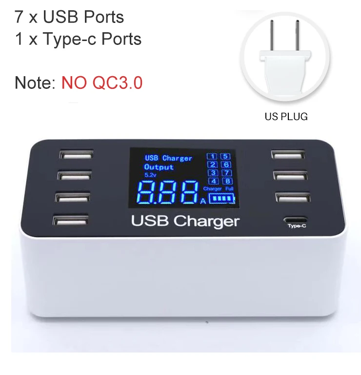 GOOJODOQ Quick Charge 3,0 40W 8-Порты и разъёмы USB Зарядное устройство/Тип C/PD Зарядное устройство Smart светодиодный Дисплей USB адаптер быстрой зарядки для телефонов и планшетов - Тип штекера: C-US Plug