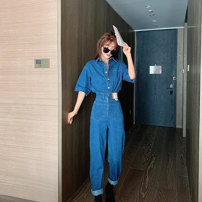 

Rompers womens Denim jumpsuit 2020 Streetwear Turn Down Collar Loose Straight Short Sleeve Long Blue jeans Jumpsuits Overalls