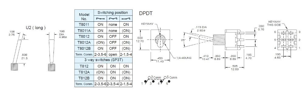 2 шт SH T8011-U2 ON-ON 6Pin 2 положения длинная плоская ручка поддерживаемый тумблер DPDT