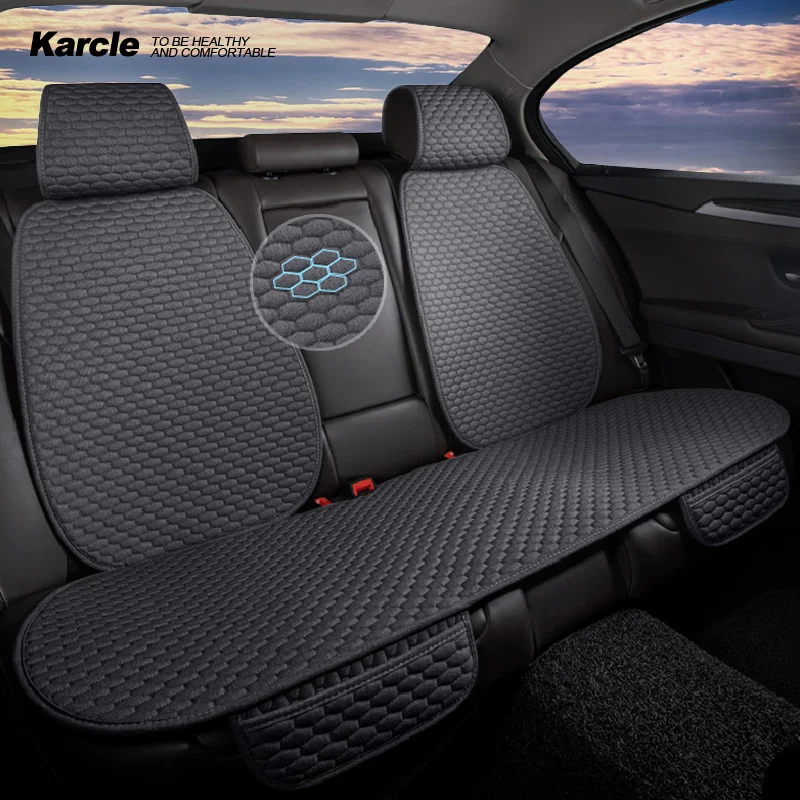 Karcle Cotton Linen Breathable Car Seat Protector - 4 Seasons Anti-Sweat Rear Seat Cover Kit