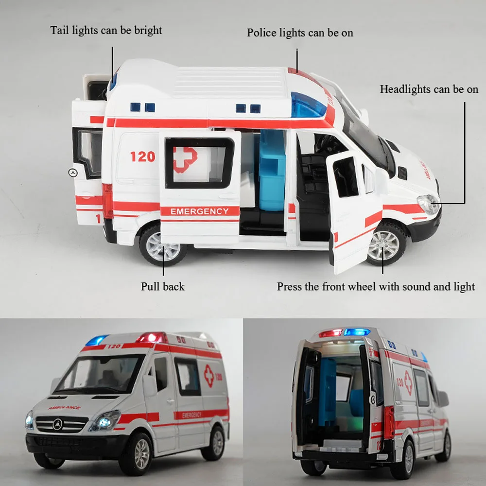 1:32 Sprinter Ambulance Voiture Modèle Moulé Sous Pression Jouet Véhicule Traction Arrière Lumière Sonore Kids 