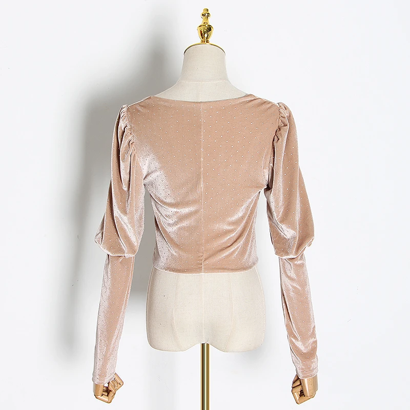 Skup TWOTWINSTYLE Patchwork diamenty bluzki dla kobiet kwadratowy kołnierzyk Puff z długim rękawem Ruched koszule damskie modna odzież 2019 fala