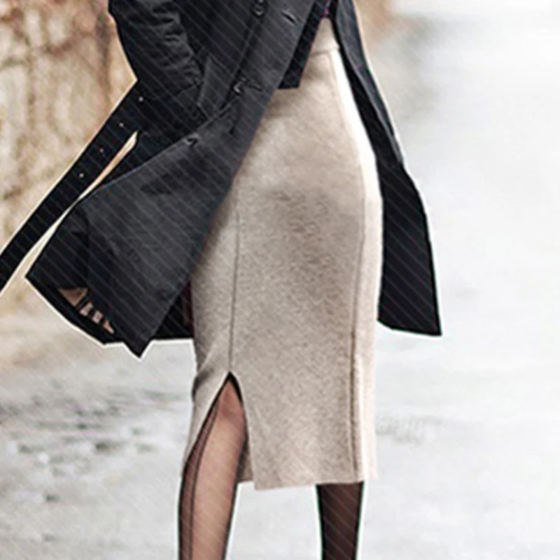 Women Skirts Elastic Mid-Long Skirt Black Split Stretchy Skirts Autumn Winter Warm Knitted Straight Skirt Ropa Mujer