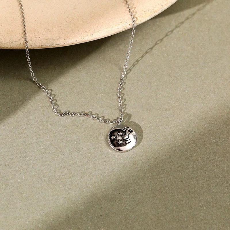 Lispector 925 Sterling Silver Retro Boho Star Moon Face Pendant Necklaces for Women Funny Vintage Chic Necklace Female Jewelry