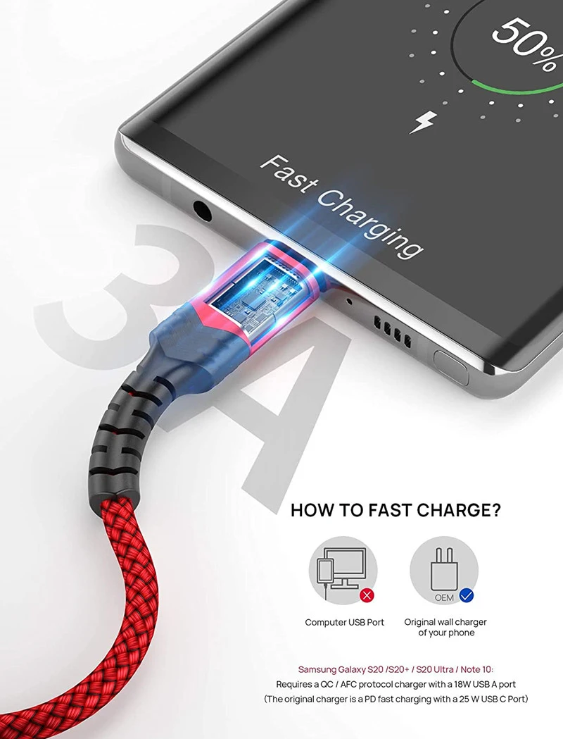 3A Fast Charging Type C Cable Charger Nylon Data Cord Micro USB Cable Android Mobile Phone Cable For Huawei Samsung S20 XiaoMi 9