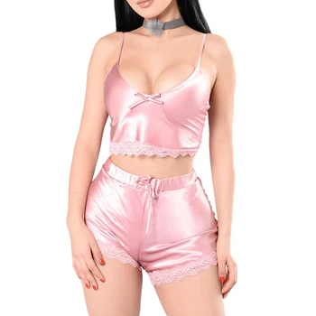 

2PCS Sleepwear Set Women V-Neck Nightwear Underwear Sexy Lingerie Set Ladies Pajamas Crop Tops +Shorts Sets