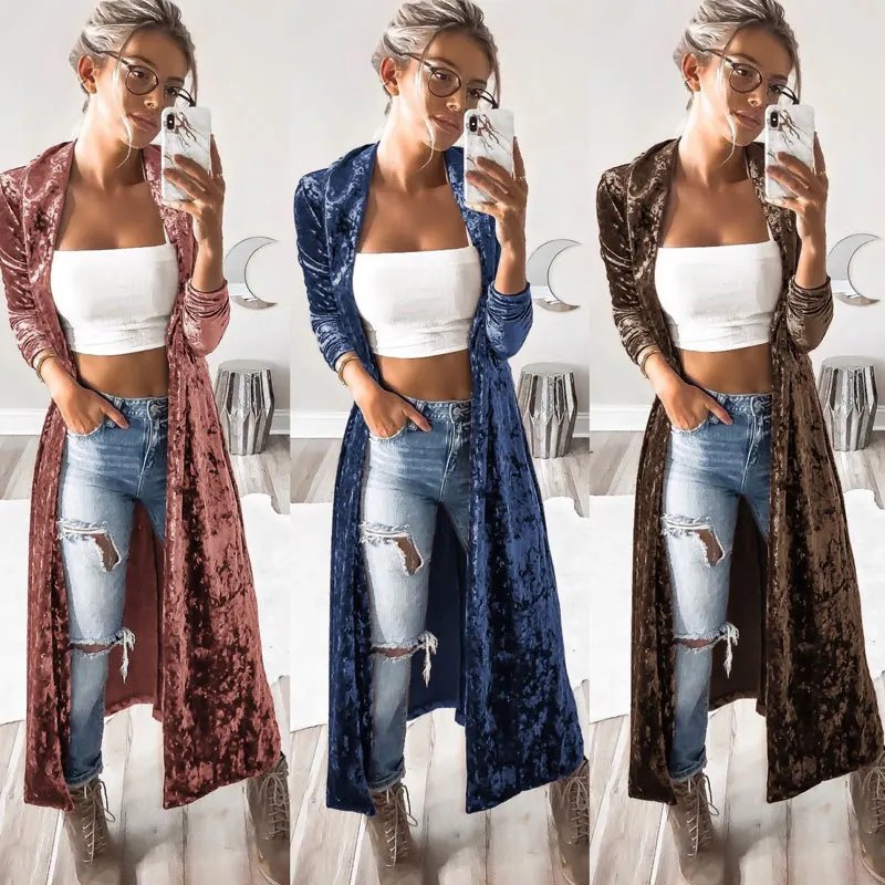 

Women's Clothing Spring Autumn Long-sleeved Velvet Windbreaker Cardigan Long Coat Women Slim Solid Color Retro Ladies Daily Coat