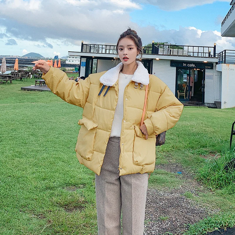 

2019 Winter New Style Lambs Wool Five-Color Short Cotton Coat Korean-style Large Pocket Short-height Cotton-padded Clothes Women