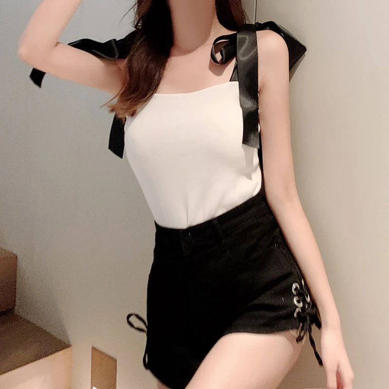 Ribbon Bow Sling Blouse Women's Summer New Style Temperament Outer Wear All-match Short Slim Waistcoat Tops Camisole black camisole