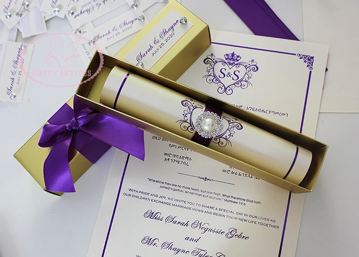 HI2052-53 Custom Scroll Invitation with  Purple Foiling Printing & Gold Box