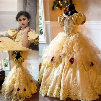 

2020 Princess Girls Pageant Dress Applique Lace Flowers Crystal Ball Gown Toddler Birthday Dress Little Girls Formal Party Dress