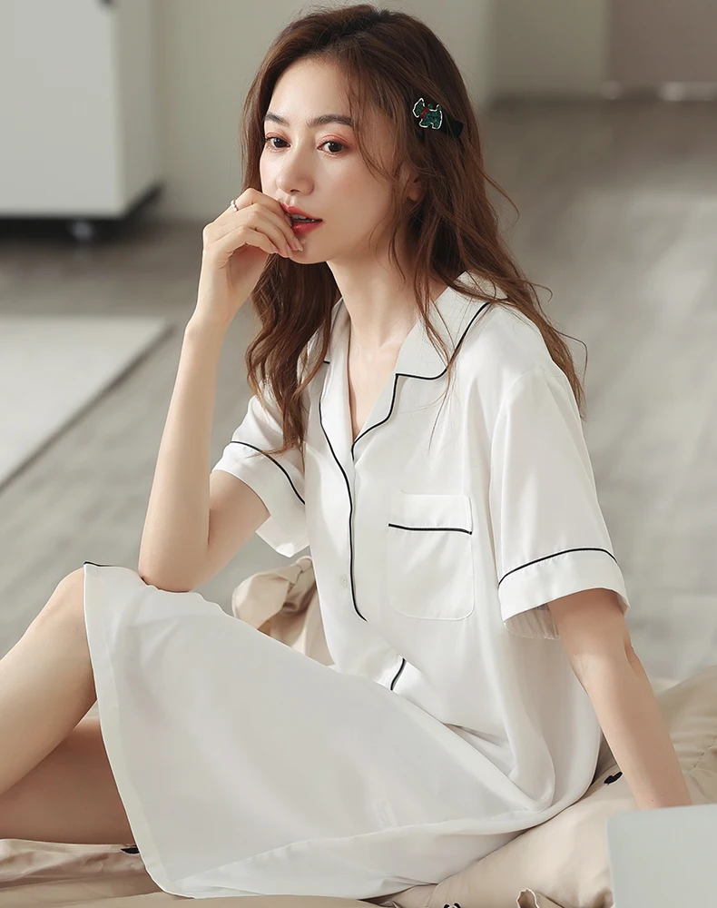 

Women‘s Night Dress White Sleepwear Summer Satin Sleepshirts Loose Robe Sexy Nightshirt Nightgown Ice-Silk Sleeping Dress